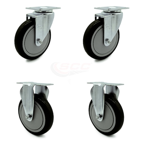 Service Caster 5 Inch Black Polyurethane Wheel Swivel Top Plate Caster Set with 2 Rigid SCC SCC-20S514-PPUB-BLK-2-R514-2